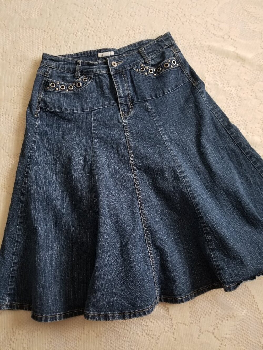 Cato Denim A-Line Skater Skirt Boho Western Grommet Pocket Detail Size 8